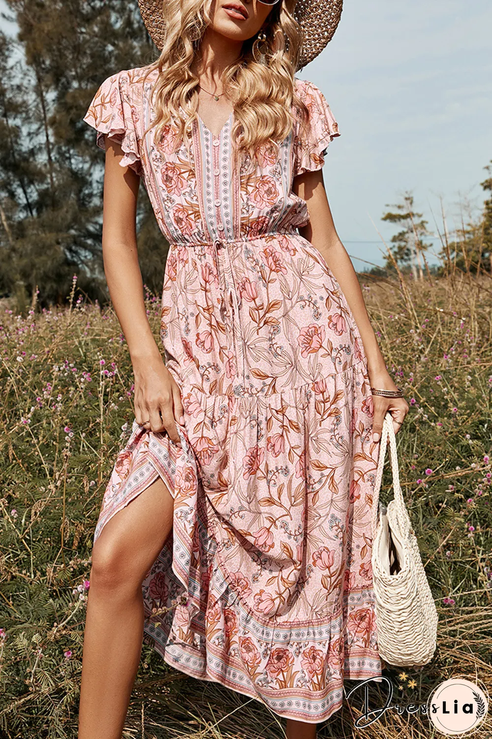 Casual Print Split Joint V Neck Cake Skirt Dresses