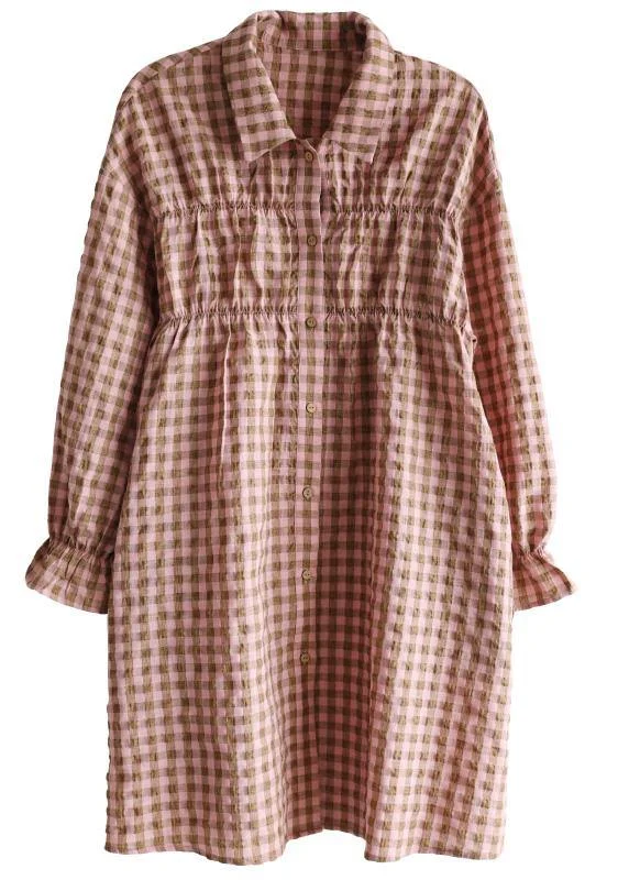 Natural Pink Plaid Cotton Cinched Spring Dresses