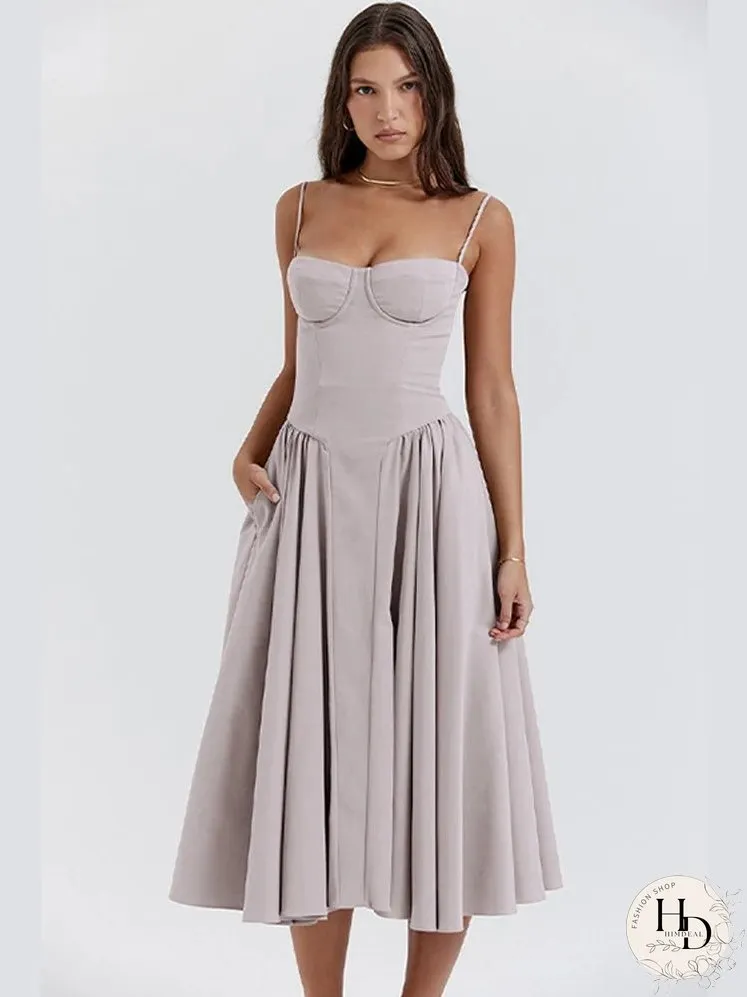 Elegant Solid Sling Long Pleated Dress Chic Sleeveless Backless A-Line Summer Party Club