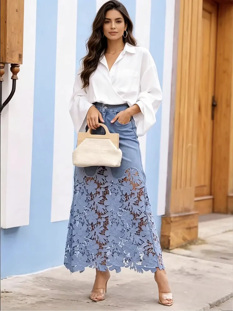 Elegant slim-fit denim skirt with cut-out detailing