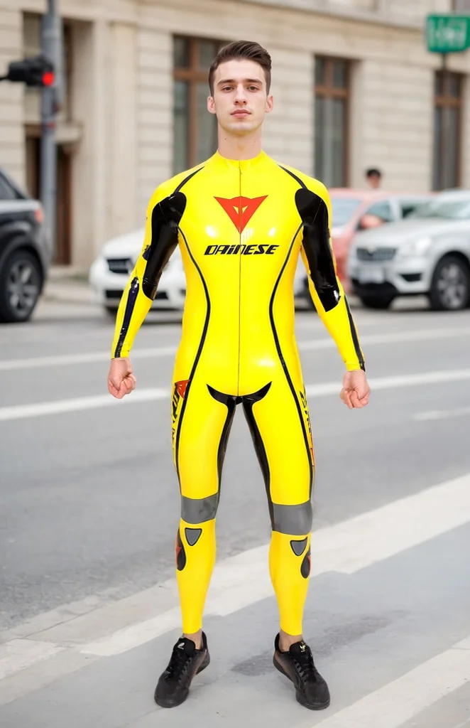 Men Latex Catsuits Motorcycle Yellow Black Racing