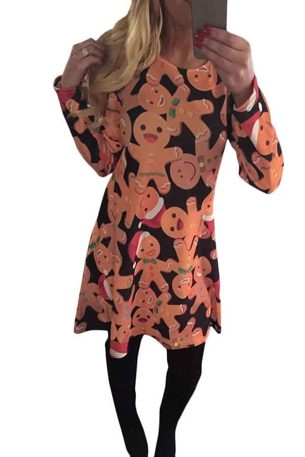Womens Ginger Bread Printed Ugly Christmas Dress Orange-elleschic