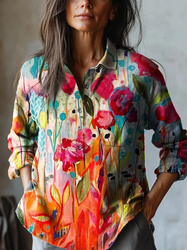 Women's Lovely Floral Art Print Casual Cotton And Linen Shirt