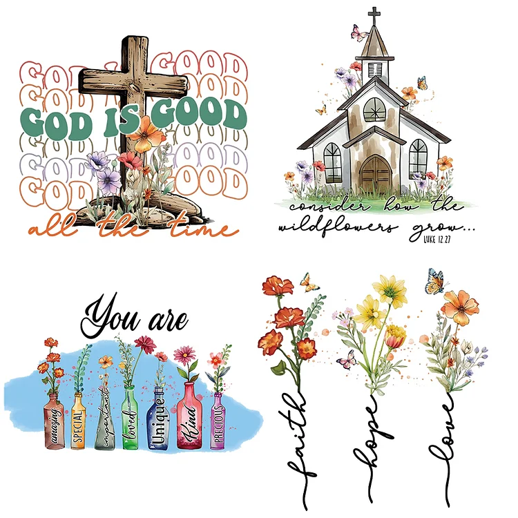 4 Sheets God Iron on Patches Heat Transfer Vinyl Patch Stickers (Church)