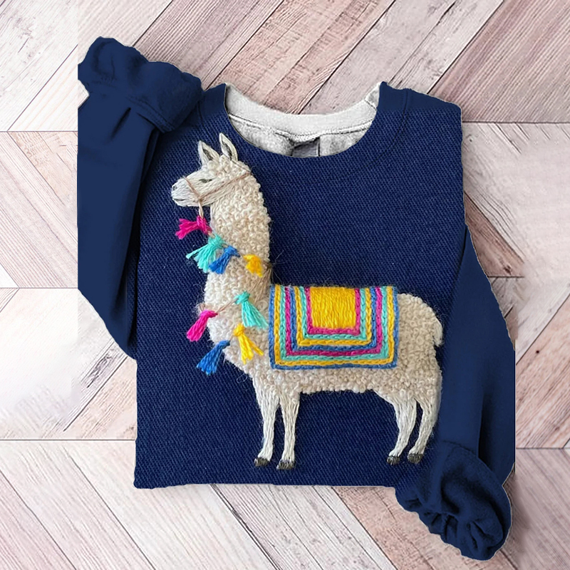 wearshes Women's Embroidered Jean Lamb Print Sweatshirt