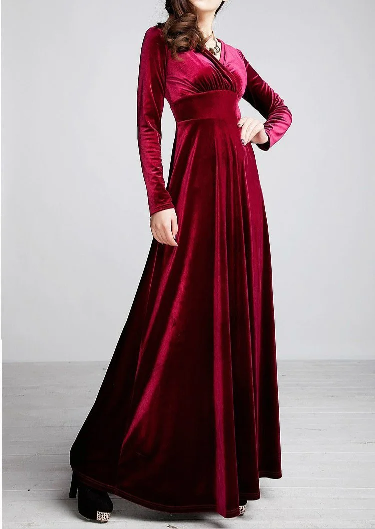 Women's Velvet Plus Size Solid Colored High Waist V Neck Party Dress