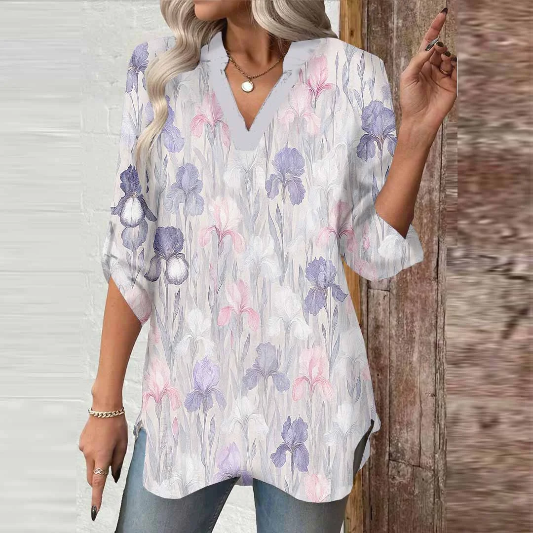 Women Floral, Purple, Pink DZGA0590 3/4 Sleeve V-neck Printed Graphic Button Tops
