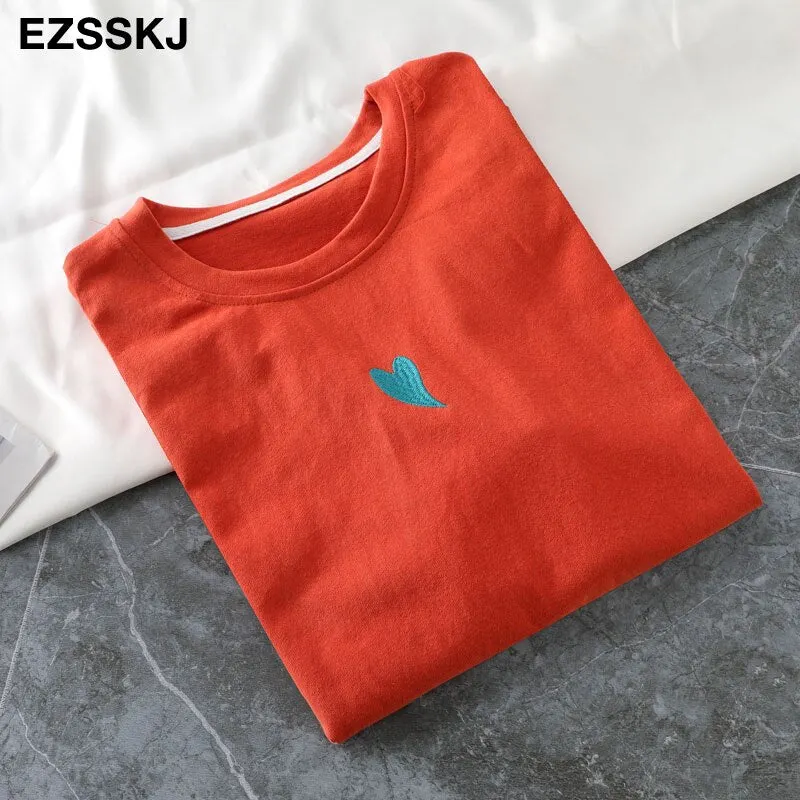spring summer Women basic heart embroidery T-shirt Casual Loose short sleeve bottom candy color cotton T-shirt  Female Tops