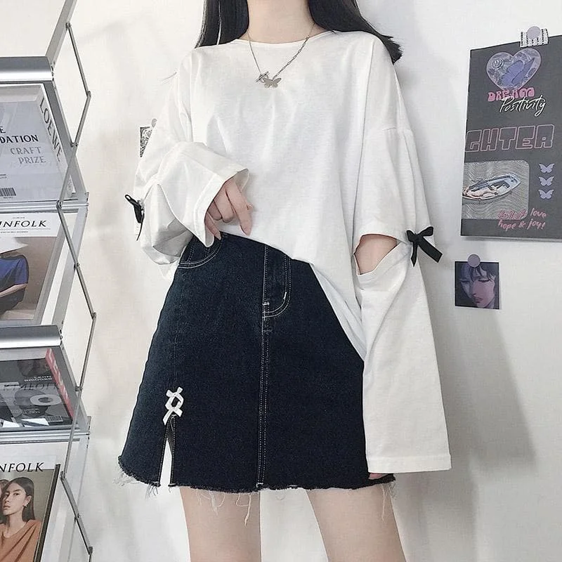 White/Black Casual Removable Sleeve Bow Tie Oversize Sweatshirt SP16076
