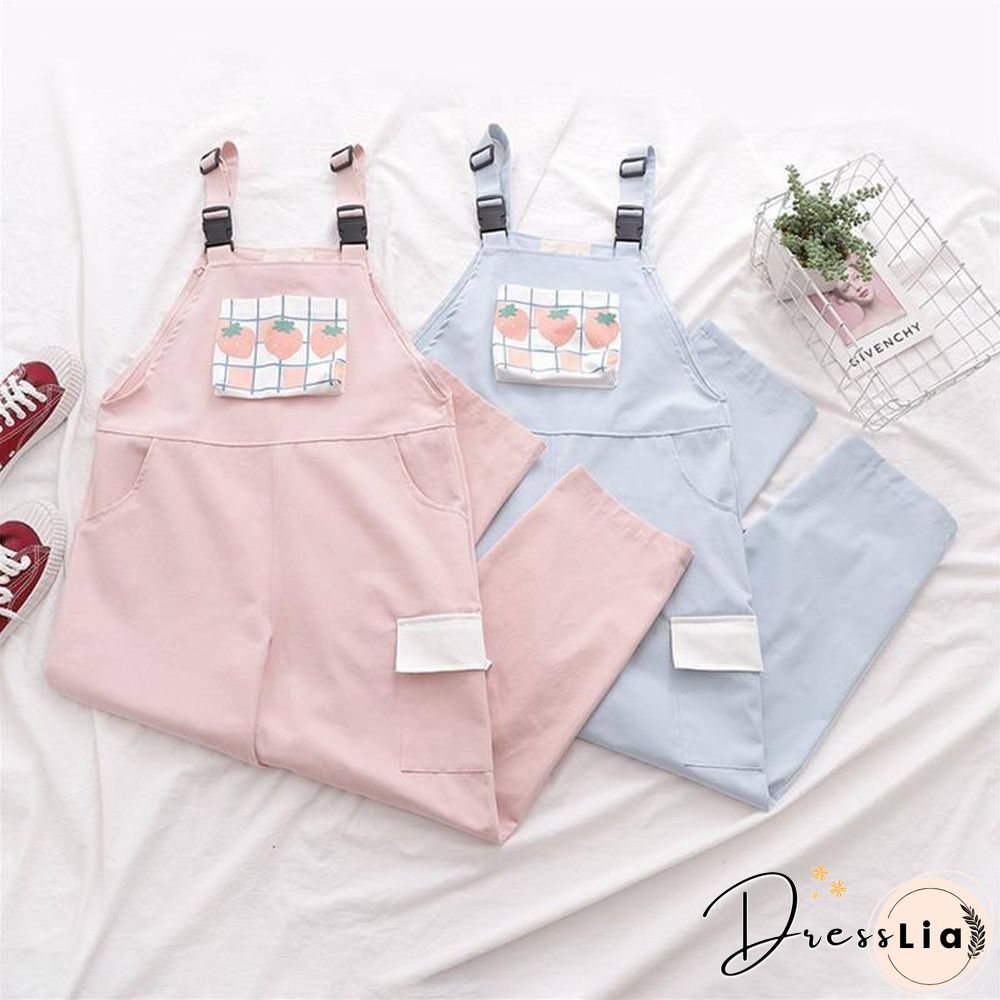 Strap pants, womens sweet plaid strawberry print casual trousers female pink overalls