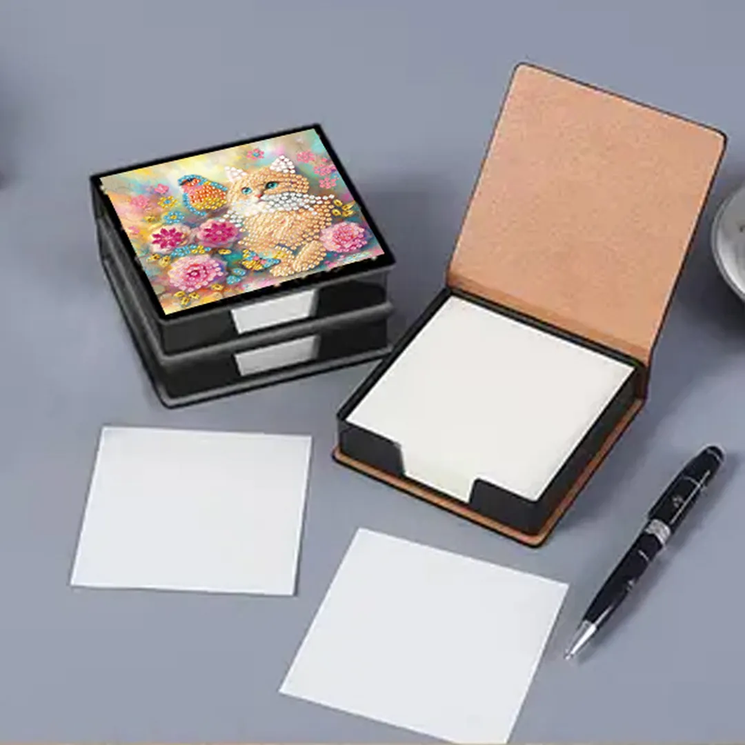Cats Flowers PU DIY 5D Diamond Painting Note Box with 160 Sheets for Office Home