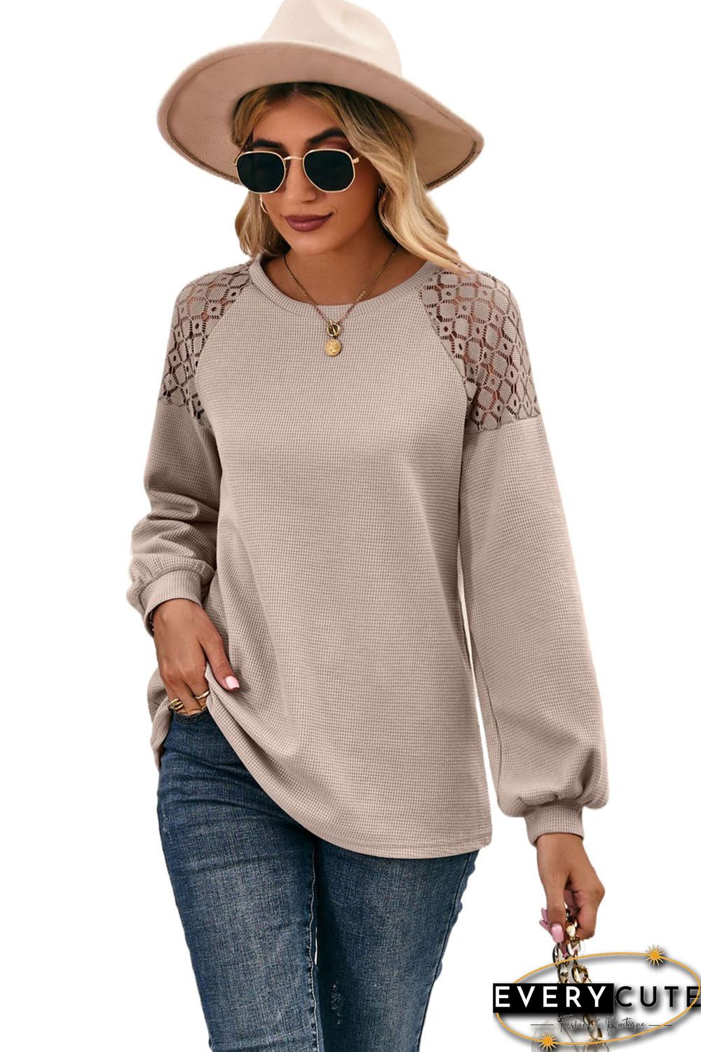 Khaki Lace Shoulder Patch Waffle Knit Long Sleeve Top