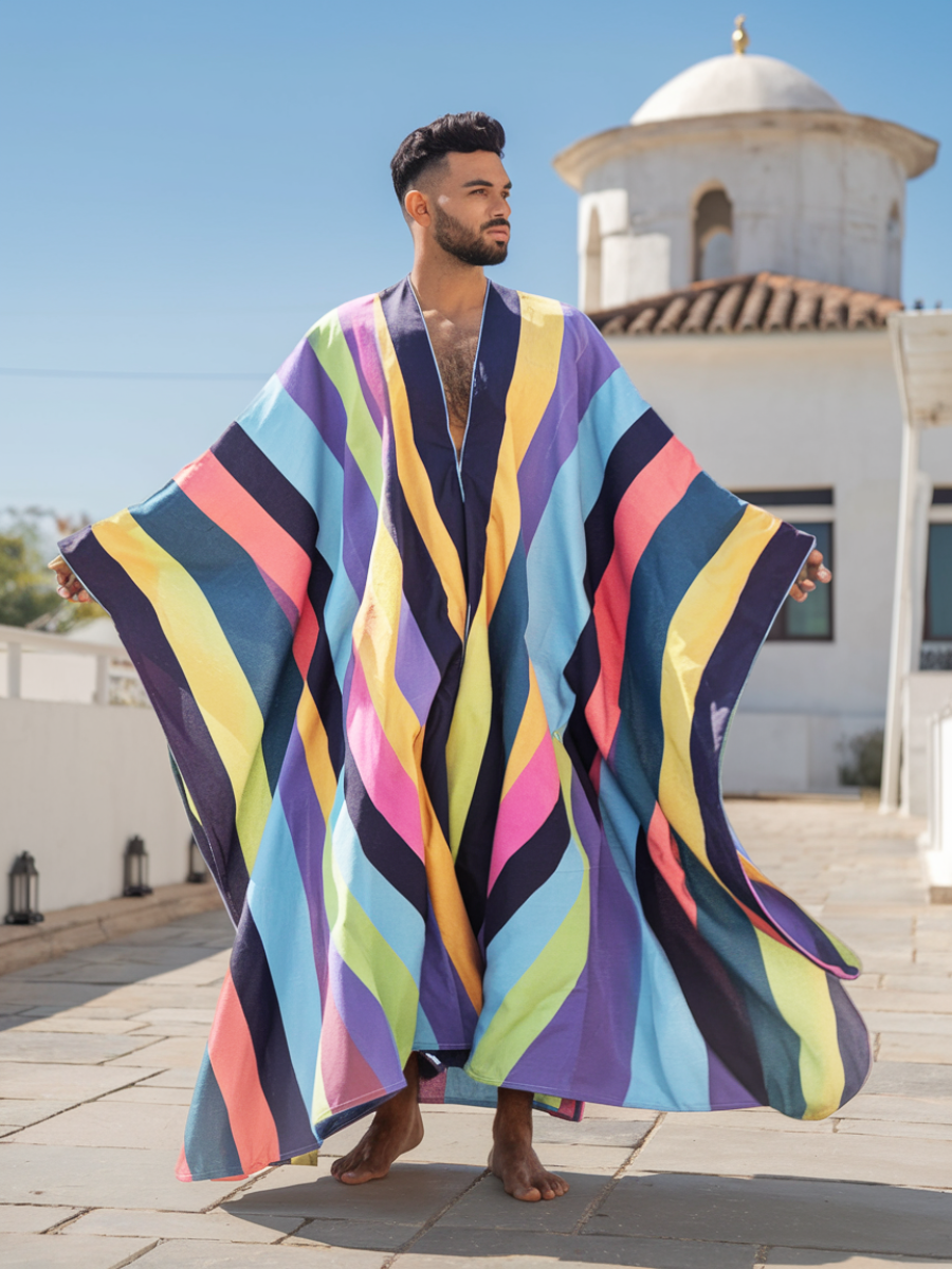 Men's Colorful Striped Polyester V Neck Robe