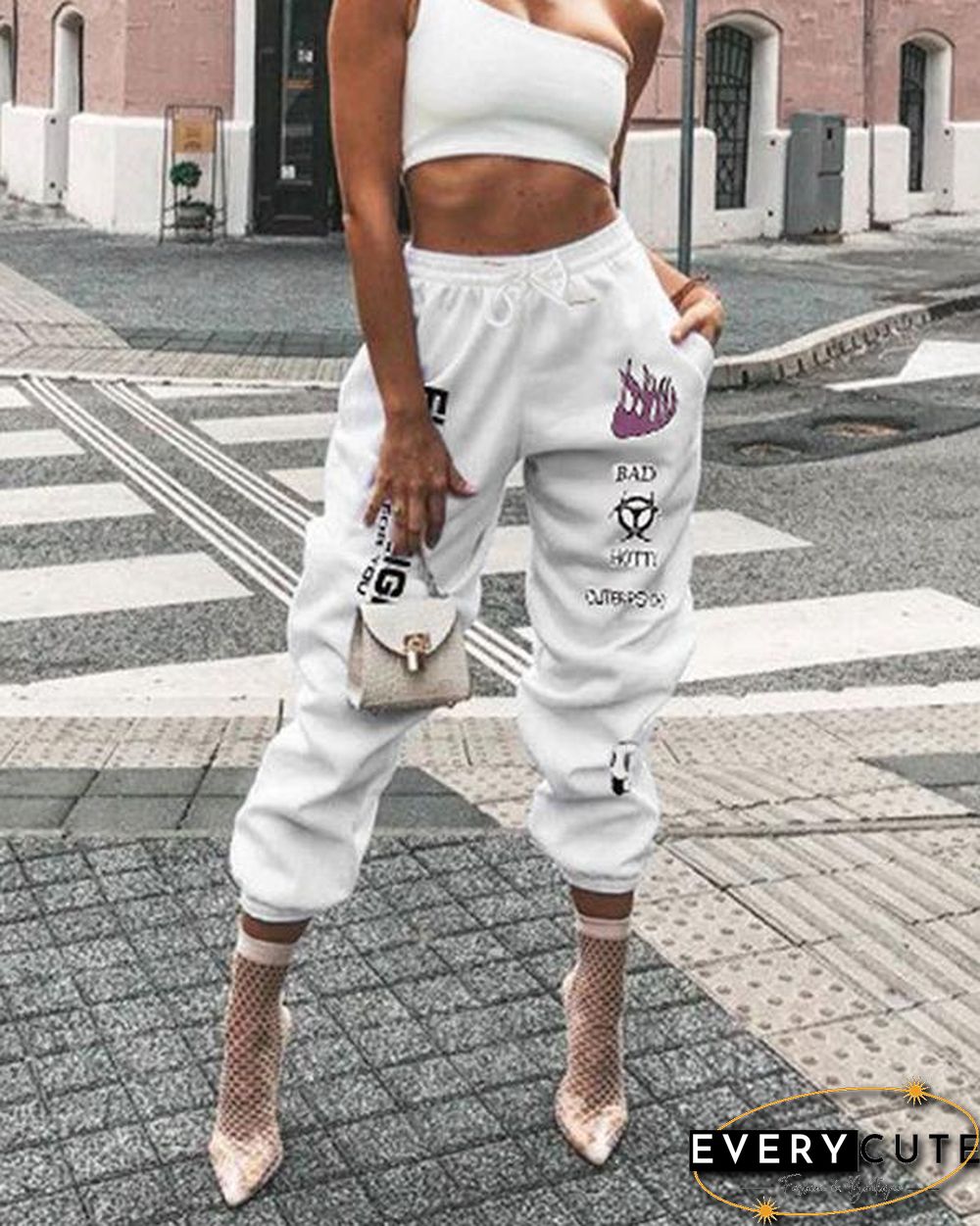 High Rise Lace Up Lettering Graffiti Print Sweatpants