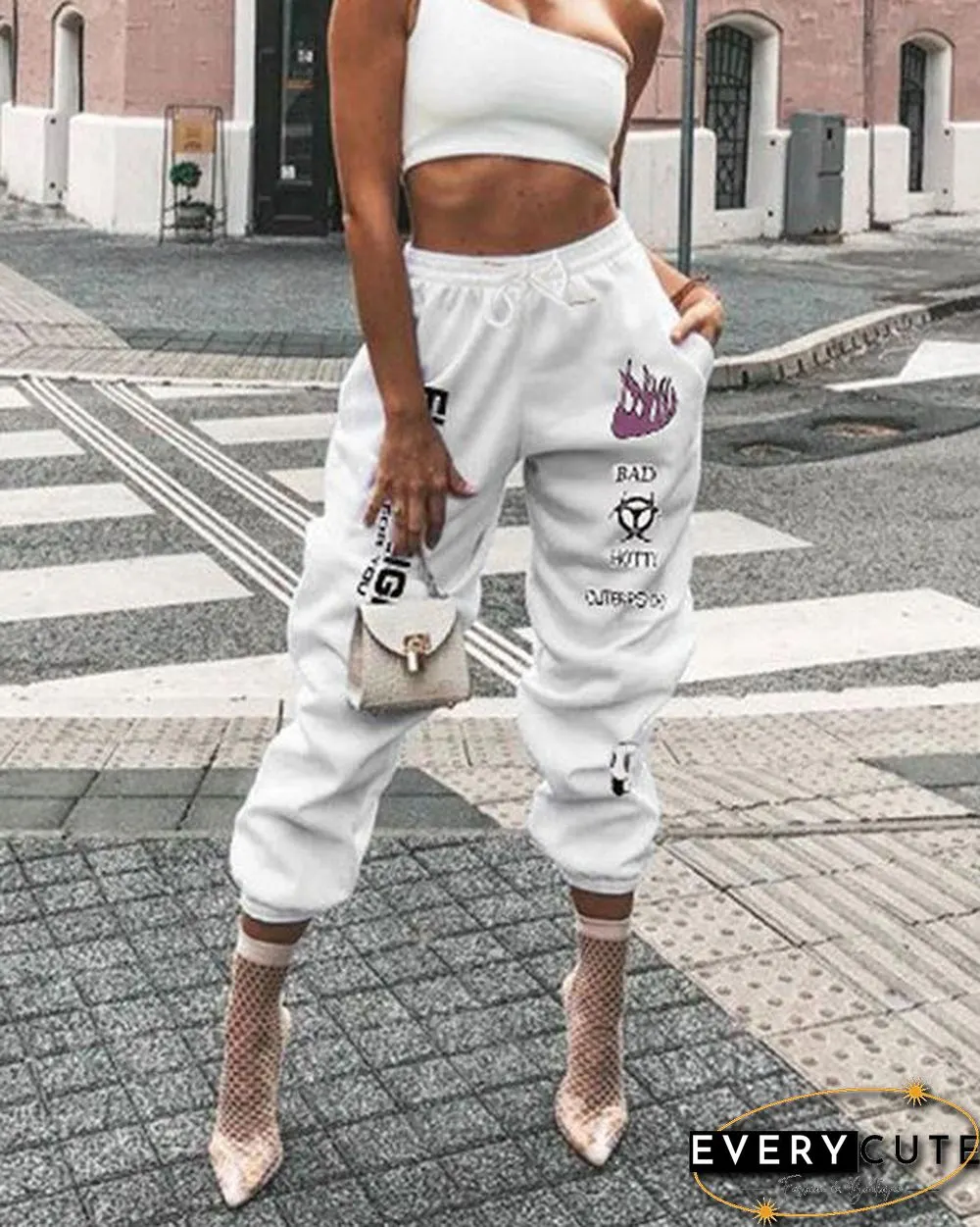 High Rise Lace Up Lettering Graffiti Print Sweatpants
