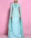 Blue Net Funa Embroidered Cape Sleeve Gown
