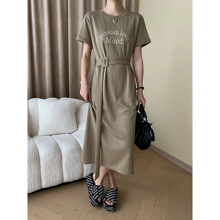 Simple Short Sleeve Belted Midi Dress - yankia