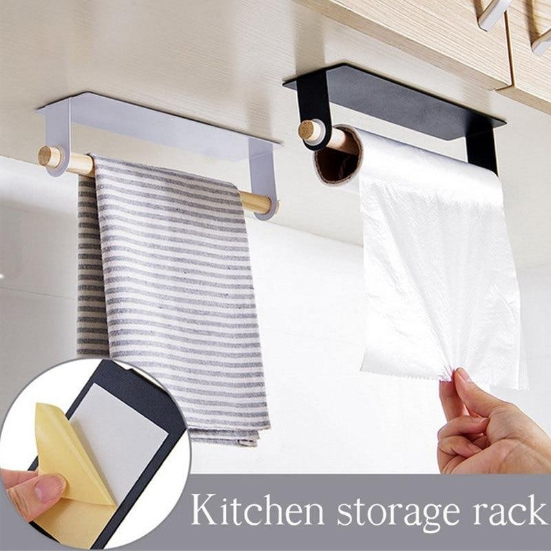 New Wood And Metal Wall Bracket Fashion Towel Rack Holder Storage Box Rag Bracket Plastic Wrap Storage Rack Kitchen Accessorie