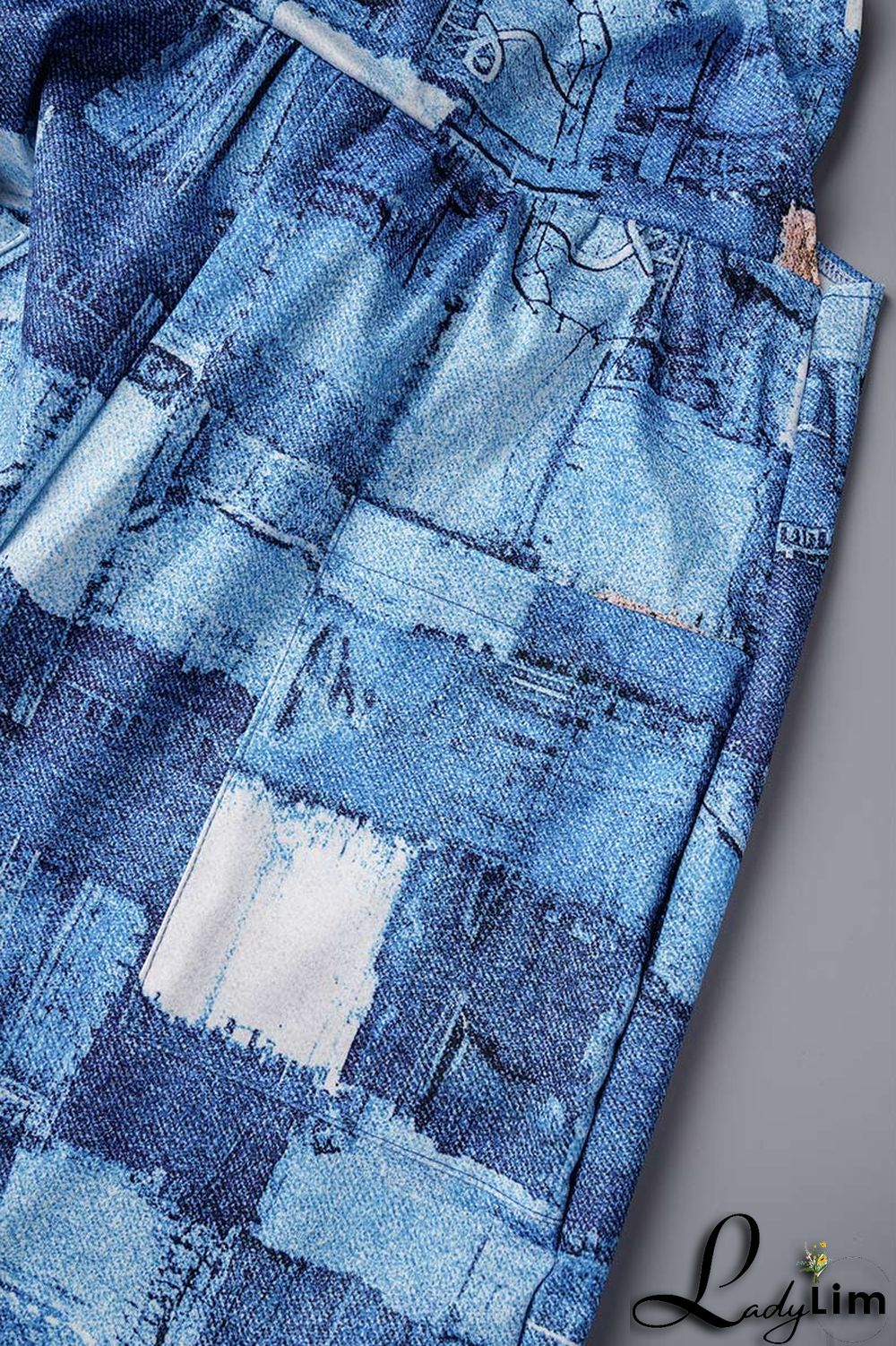 Blue Sexy Print Patchwork Backless Straight Jumpsuits