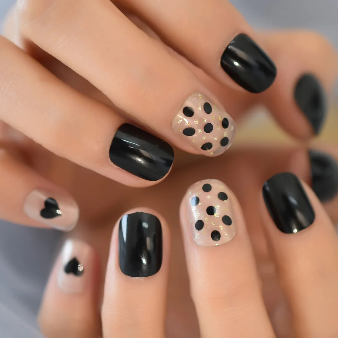 Black Round Tips False Nails Heart Speckle Decorative Clear Thin Gel Coating Fake Nail With Adhesive Sticker-Nail Inspo