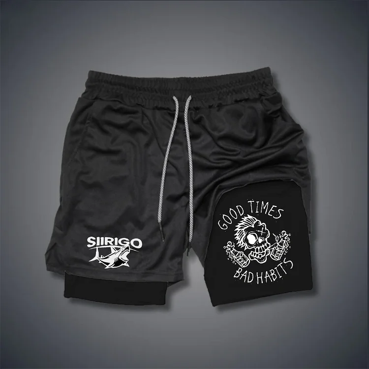 GOOD TIMES, BAD HABITS Funny Skull 2 In 1 GYM PERFORMANCE SHORTS