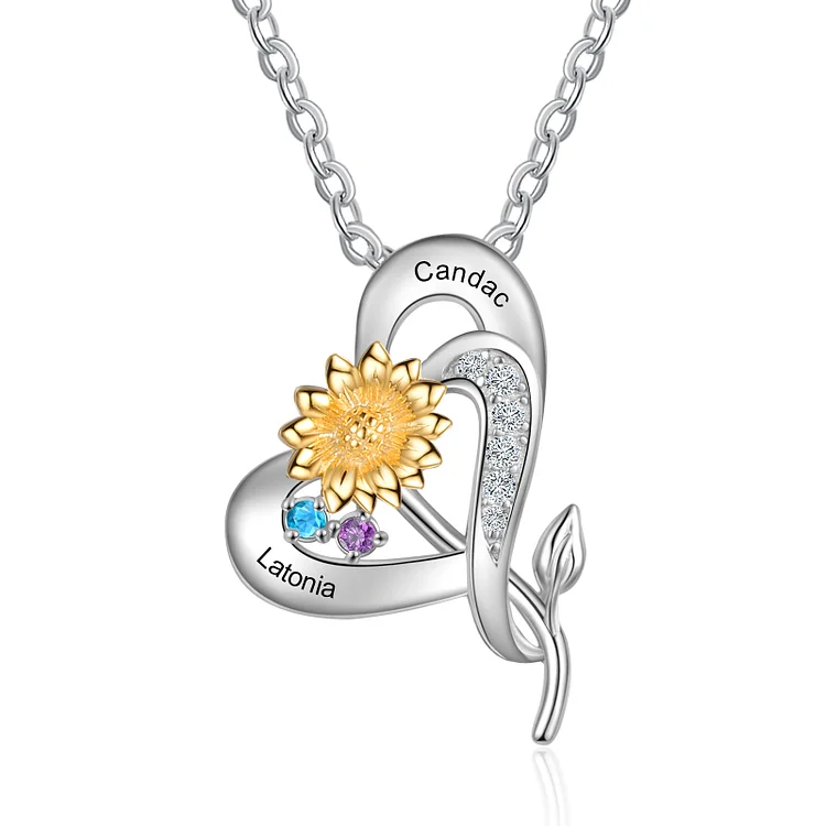 S925 Silber Gravur 2 Namen Herz Sonnenblume Halskette mit 2 Geburtssteinen