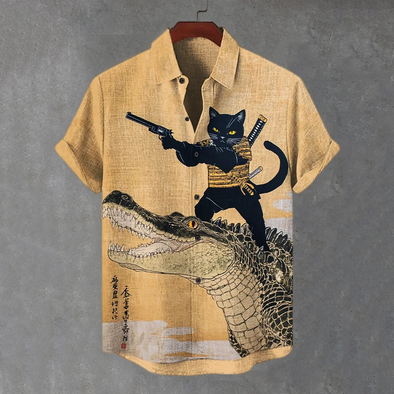 Men's Black Cat Warrior And Crocodile Japanese Art Print Short Sleeve Shirt