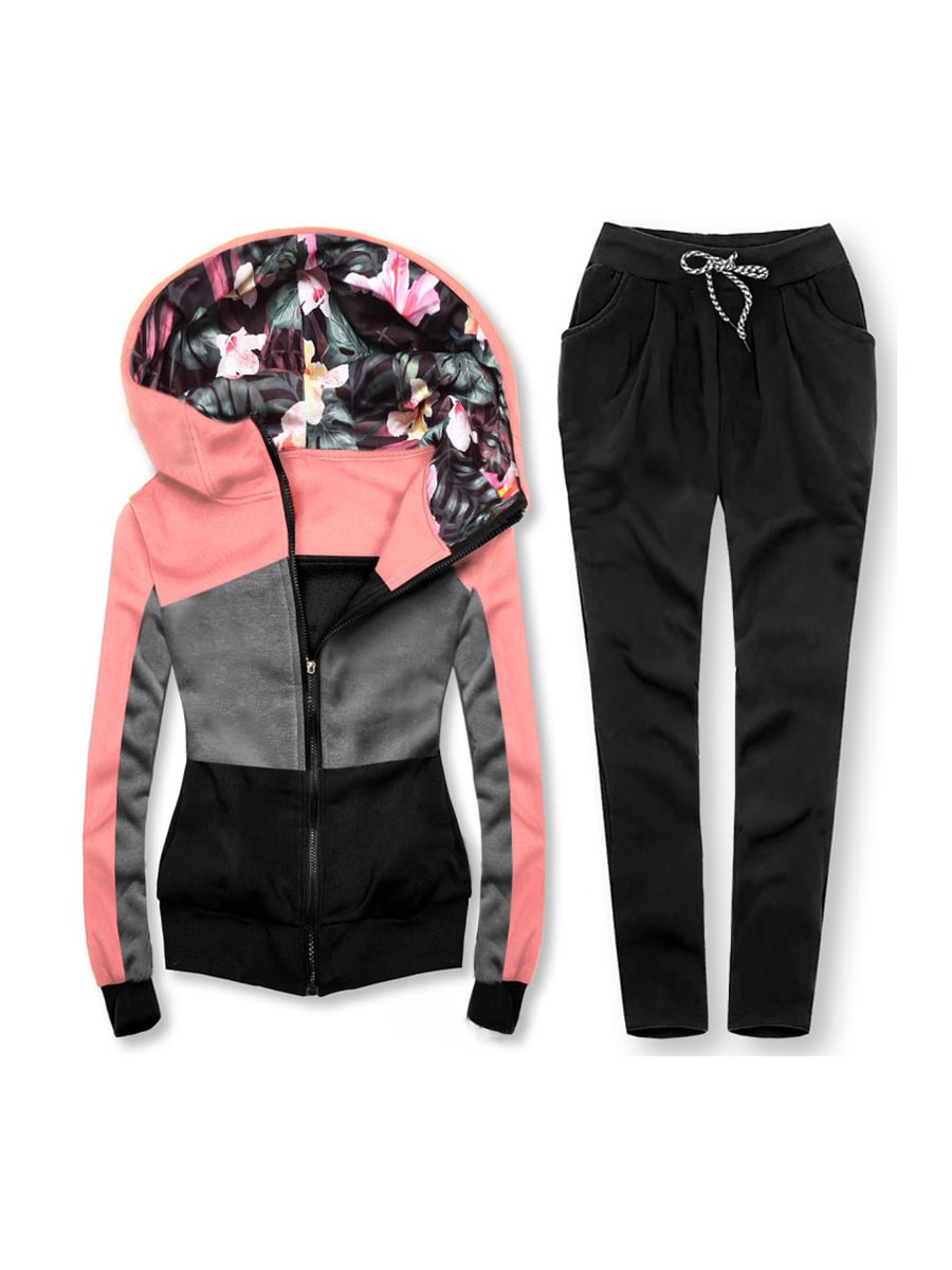 Women's Contrast Color Stitching Print Hoodie Set