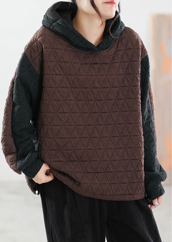 Coffee Patchwork Fine Cotton Filled Sweatshirt Hooded Winter CK1115- Fabulory