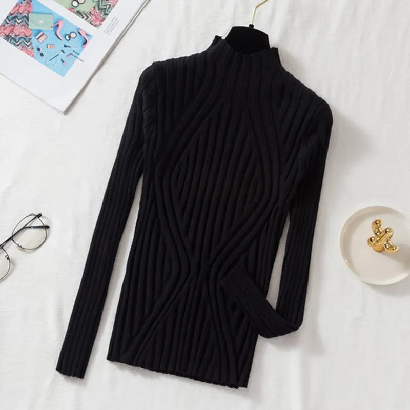 2021 Autumn Rainbow Slim Solid Sweater Tops Pullover Knitted Sweater Women Casual Long Sleeve Office Lady Jumper Sweater 17041