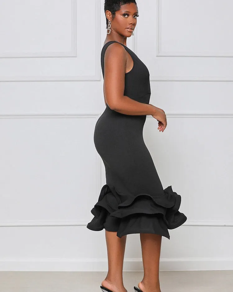 Sleeveless Ruffle Front Trim Button Sexy Midi Dress