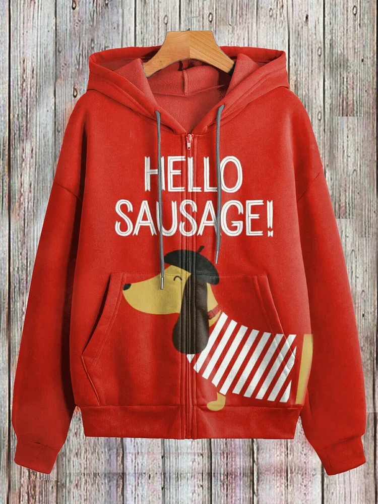 Women's Hello Sausage Dachshund Art Print Hooded Zip Up Jacket