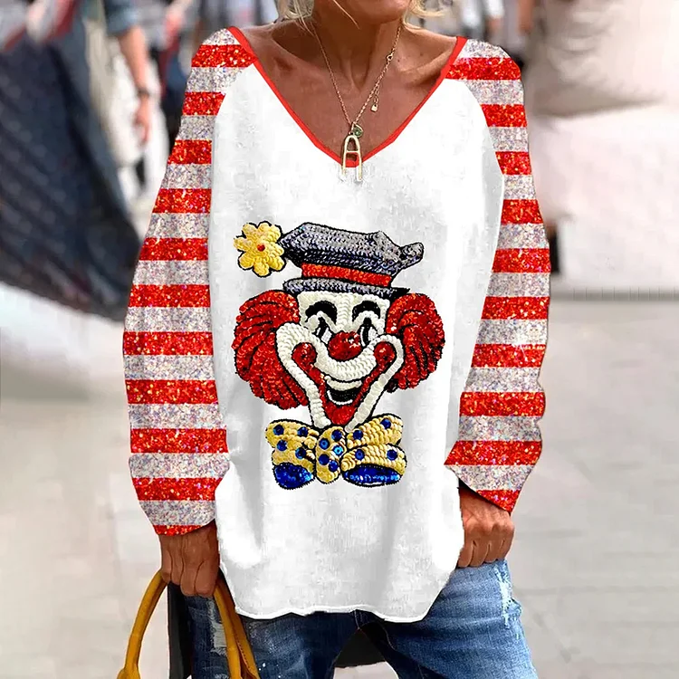 Kölle Alaaf Damen-T-Shirt mit Clown-Gesicht, bedruckt, V-Ausschnitt, lockeres T-Shirt