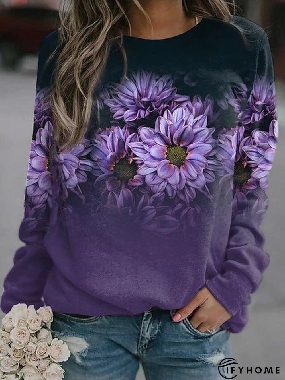 Loose Casual Crew Neck Floral Sweatshirt | IFYHOME