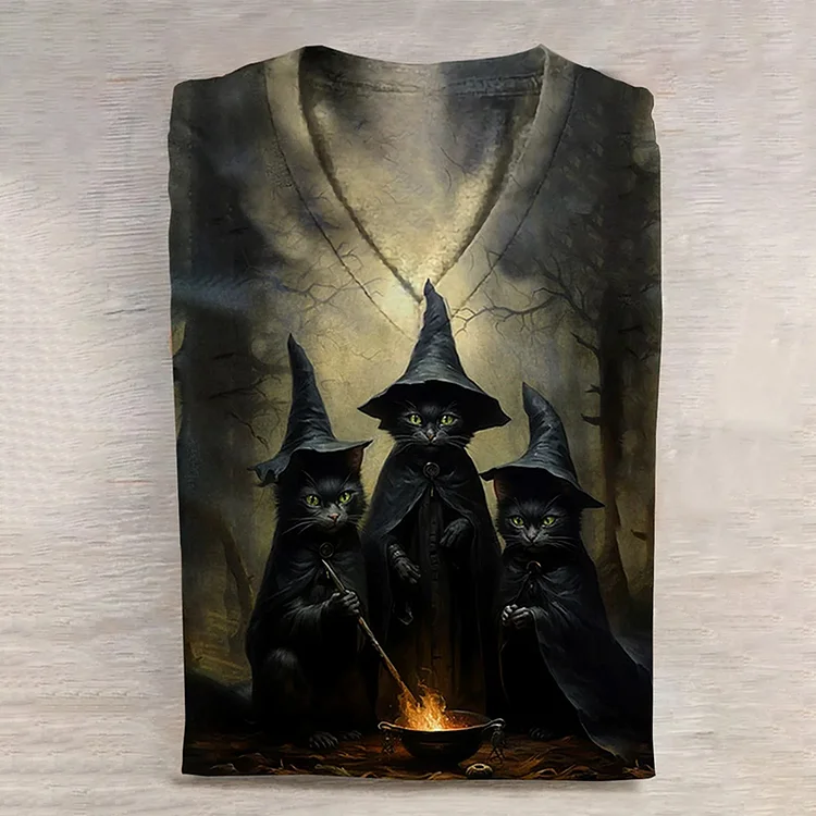 Halloween Cat Art Print Casual V-Neck T-Shirt