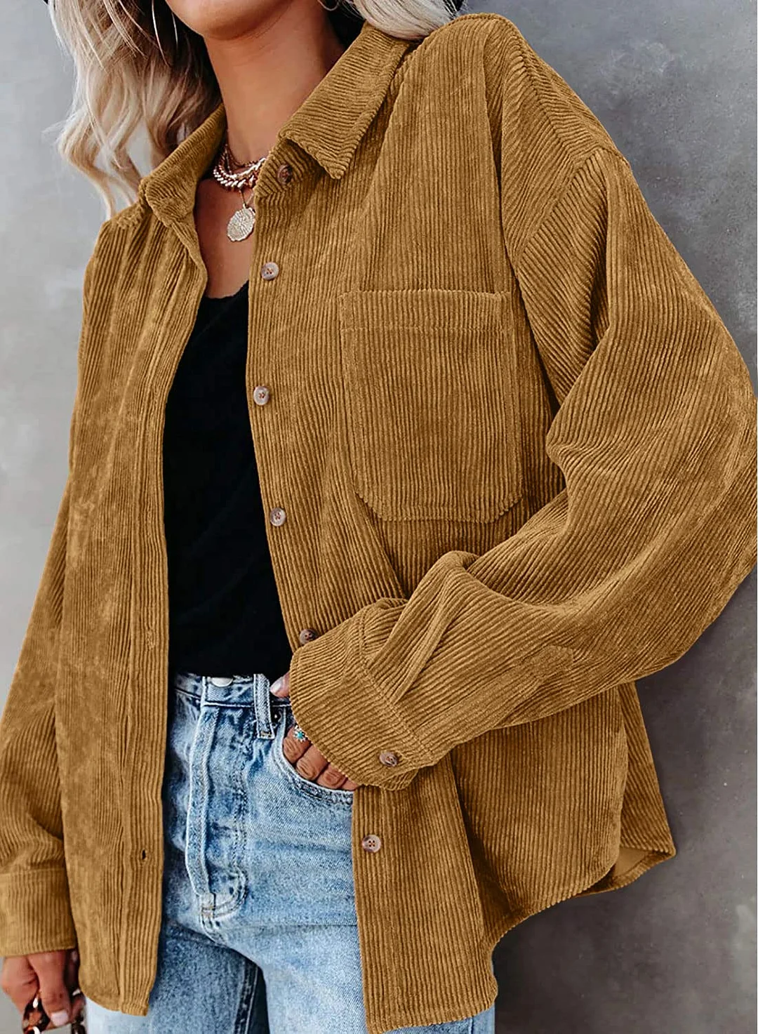 MIHOLL Women Corduroy Long Sleeve Button Down Collared Shirt Jacket Tops