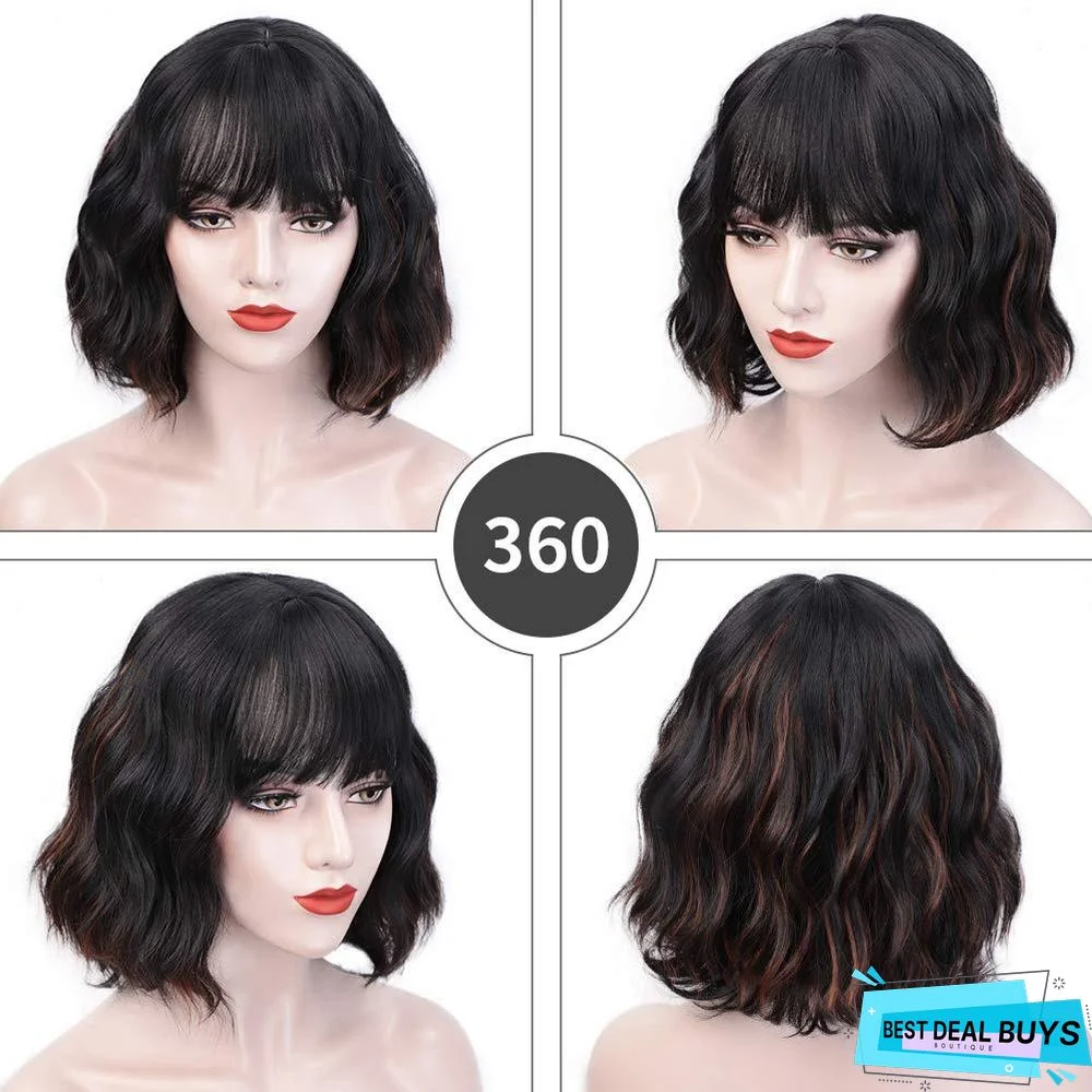 Women's Short Curly Hair Wig Headgear with Bangs Wigs Chemical Fiber Wig Headgear