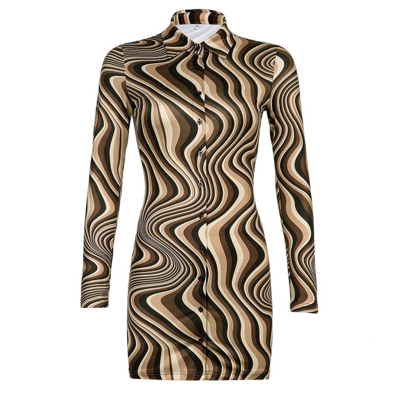 Rapcopter Paisley Brown Mini Dress y2k Aesthetic Sundress Turn Down Collar Vintage Short Dress Button Skinny Bodycon 2021 90S
