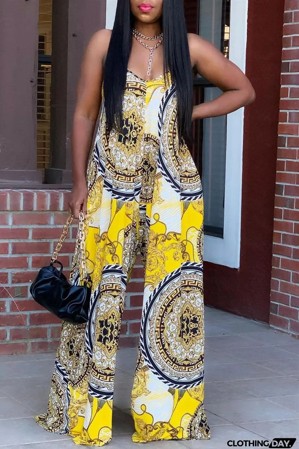 Yellow Sexy Casual Print Backless Spaghetti Strap Loose Jumpsuits