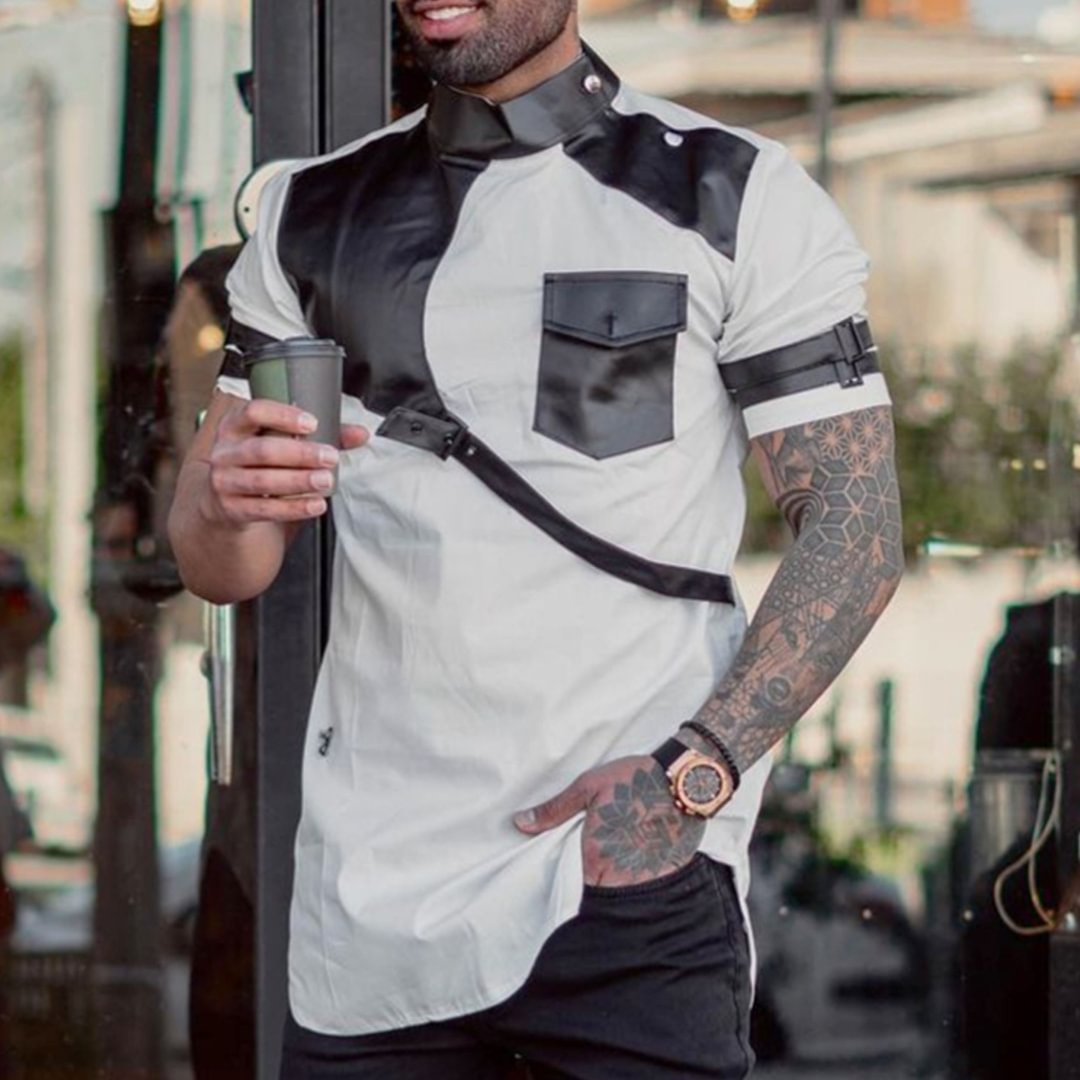 Men's Patchwork Asymmetric Short Sleeve Shirt-Compassnice®