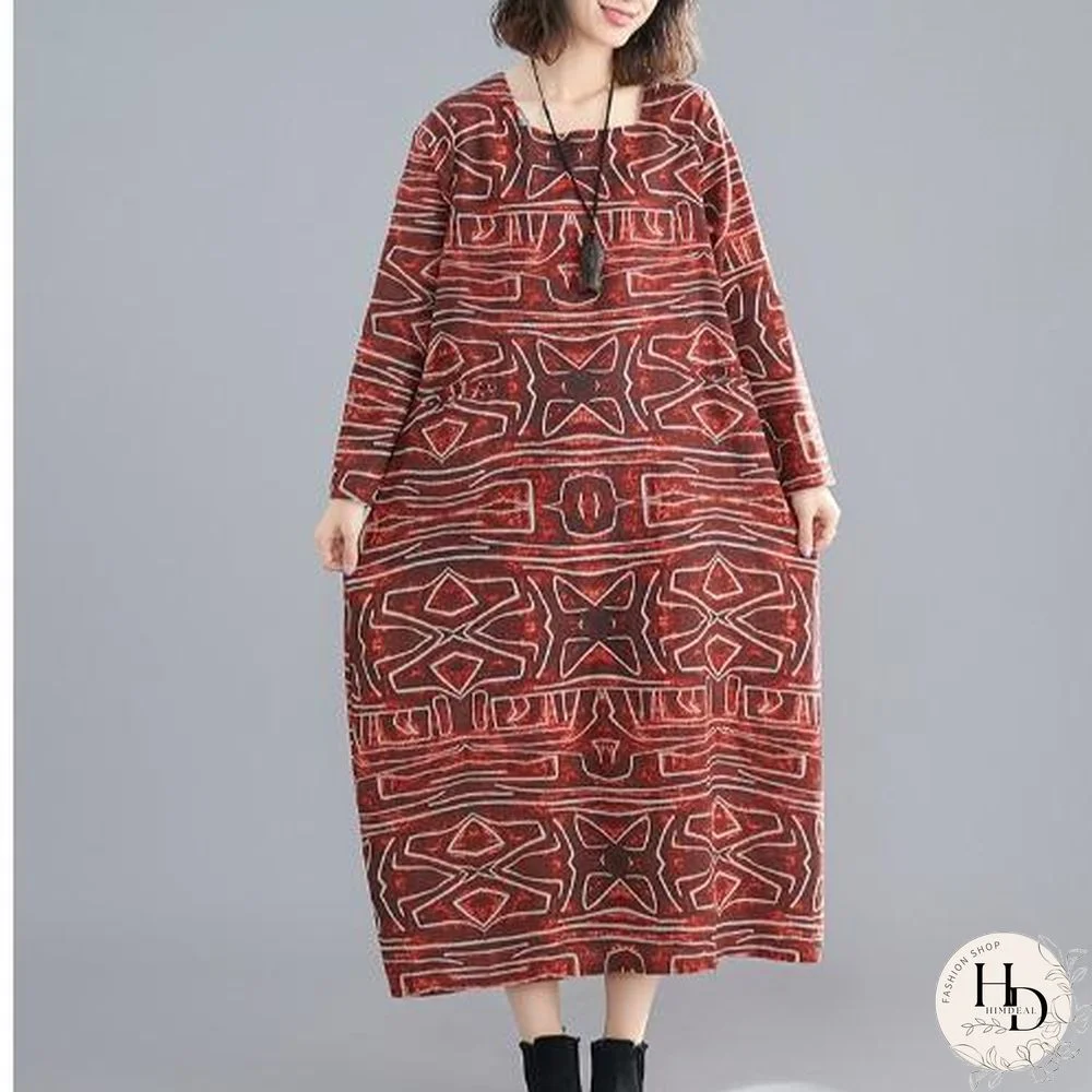 Retro Printed Loose Length Cotton Linen Long Sleeve Dress