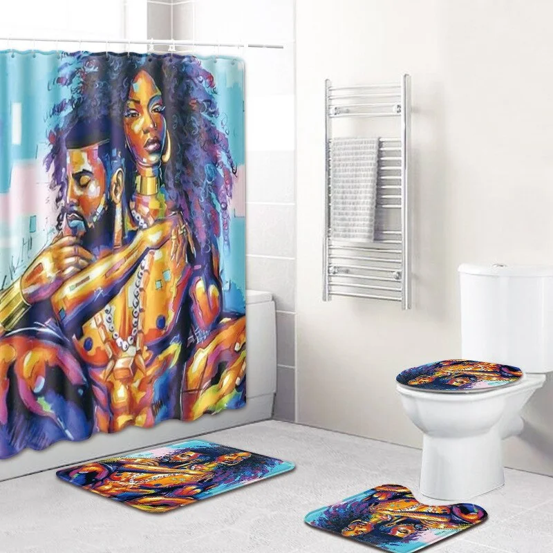 King Queen Couple African Shower Curtain Polyester Fabric Lovers Art Painting Home Decoration Bathroom Curtain Non-slip Bath Mat