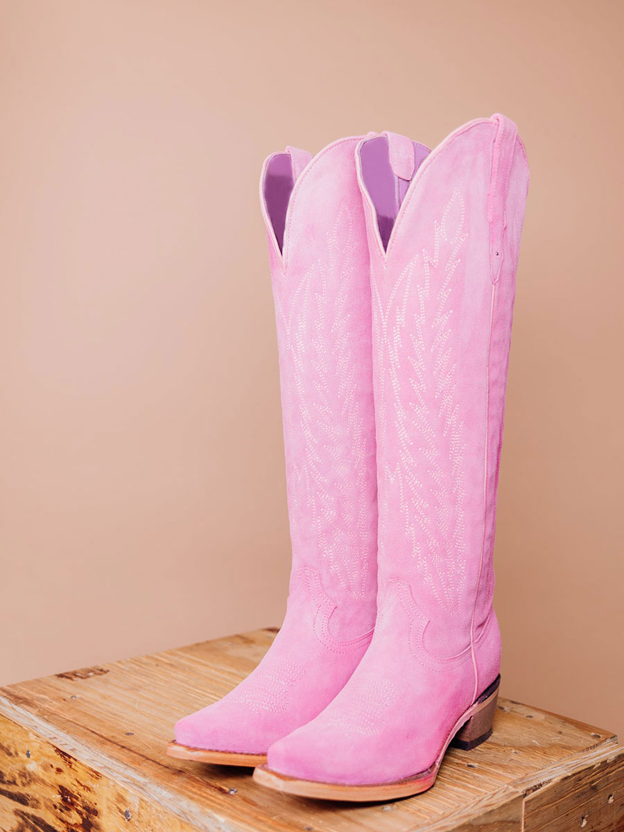 Light Pink Faux Suede Knee High Cowgirl Boots with Chunky Heels