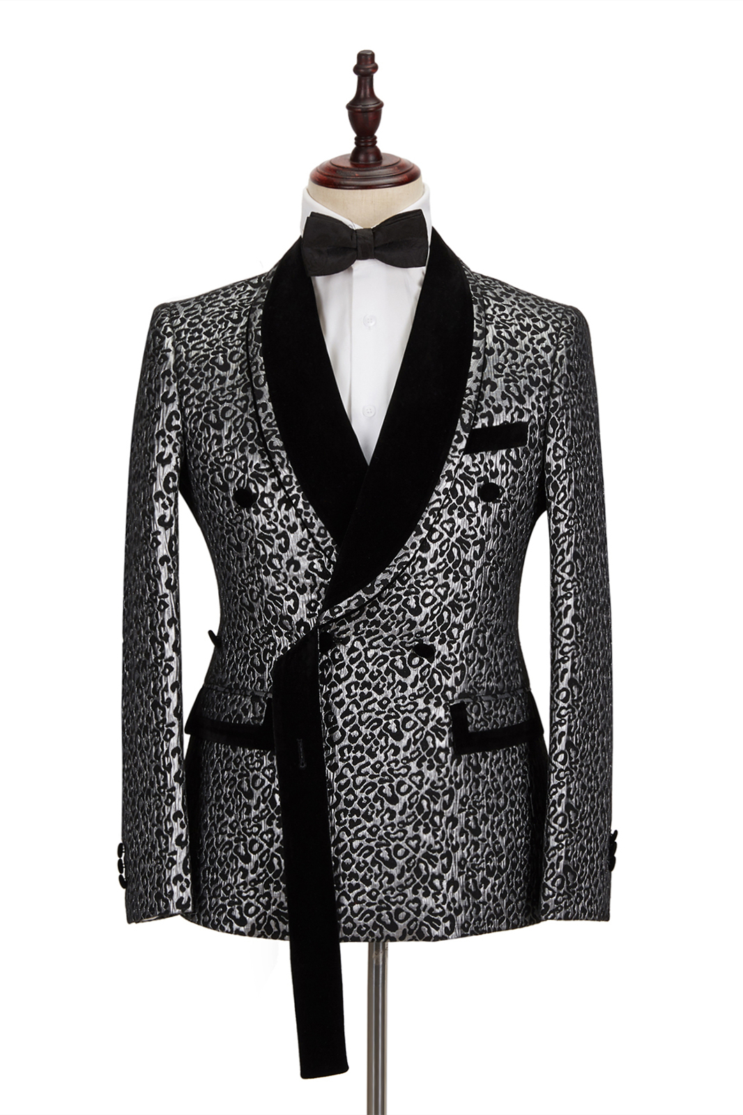 Bellasprom Modern Silver Leopard Prom Outfits Men Jacquard Shawl Lapel With Double Breasted Black Stitching Bellasprom