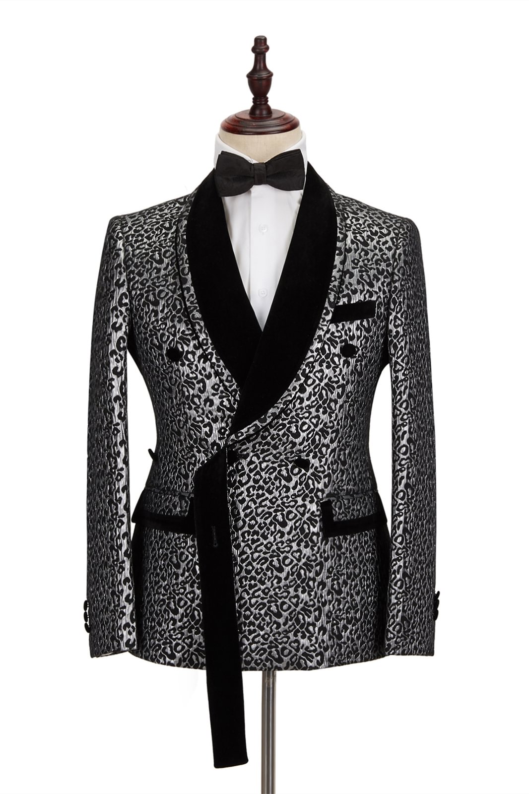 Handsome Double Breasted Silver Leopard Prom Outfits Men Jacquard  Shawl Lapel With Black Stitching | Ballbellas Ballbellas