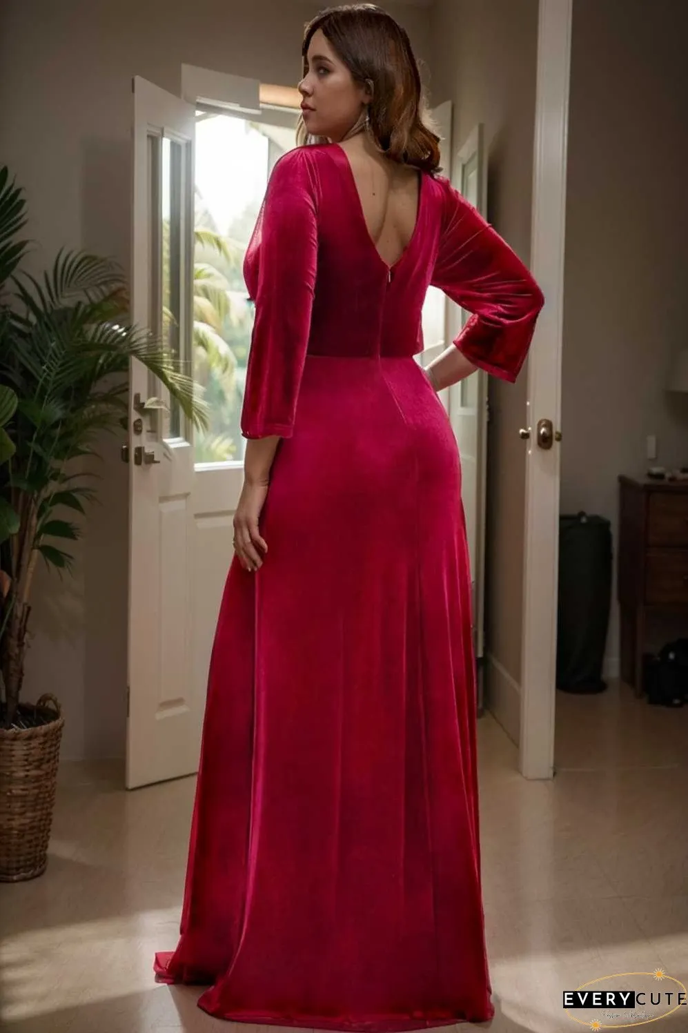velvet 3 4 length sleeve illusion v neck front slit evening dress