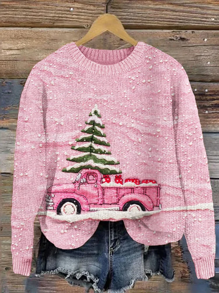 Christmas Pink Truck Snowy Felt Embroidered Cozy Sweater