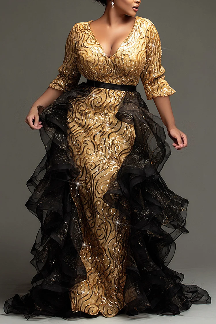 Xpluswear Design Plus Size Formal Gold V Neck 3/4 Sleeve Detachable Overskirt Elegant Ruffle Tulle Sequin Maxi Dresses [Pre-Order]