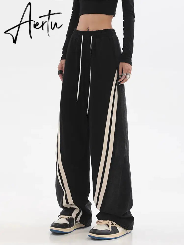 Women Autumn Winter High Waist Contrast Color Drawstring Tie Up Sweatpants High Street Wide Leg Straight Cylinder Lady Trousers Aiertu