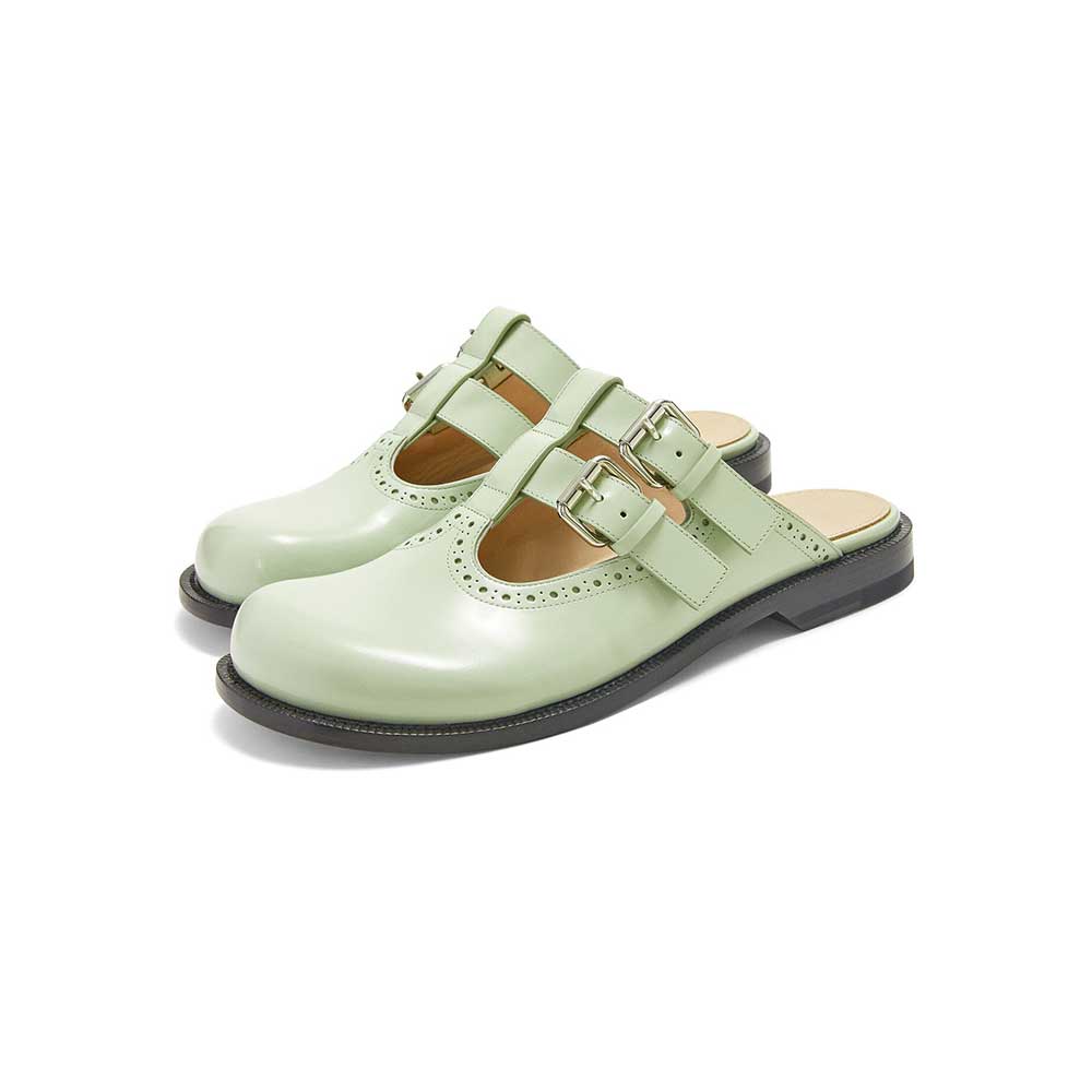 Light Green Vegan Leather Round Toe Flat Buckle Strap Mules Nicepairs